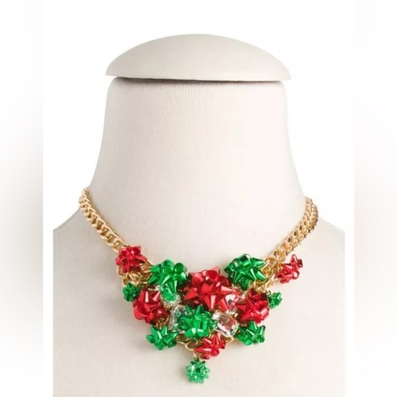 Betsey Johnson Festive Christmas Holiday Bow Statement Bib Necklace - Picture 1 of 9